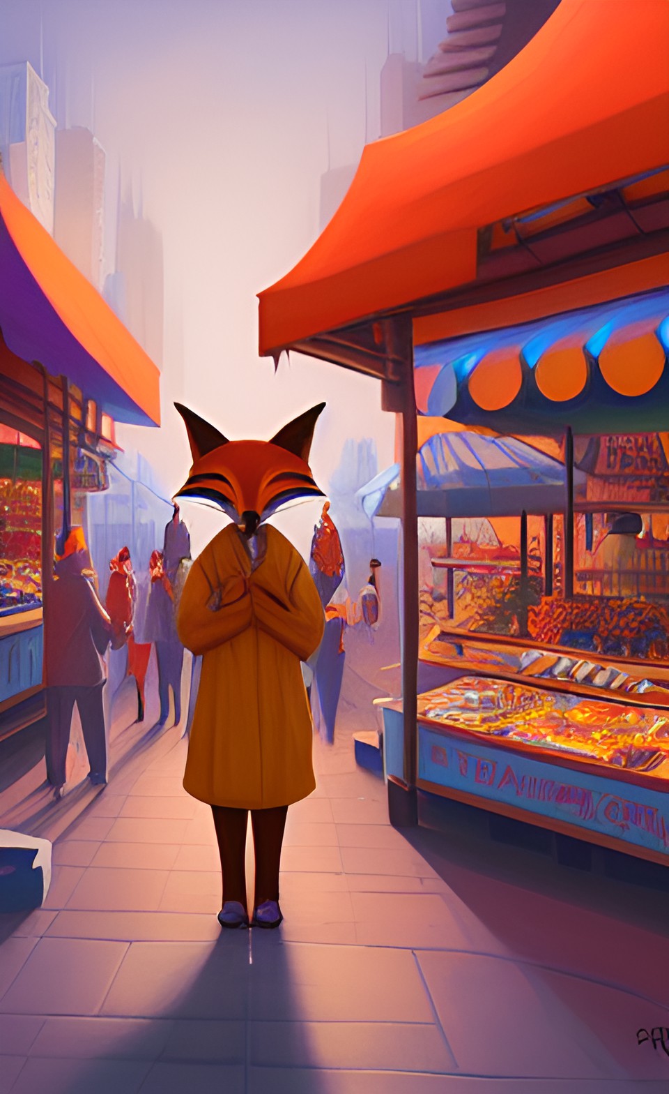 anthropomorphic fox shopping at the night market preview