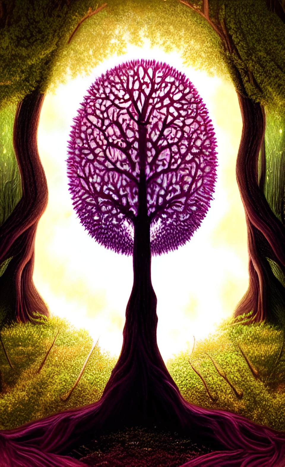 ultra-realistic: evil mystic fractal tree of life +forrest critters, rubies, glow worms, by malika favre preview