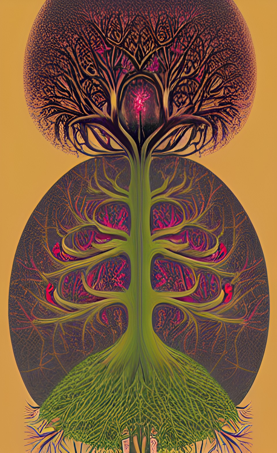 book illustration: evil mystic fractal tree of life +forrest critters, rubies, glow worms, by malika favre preview