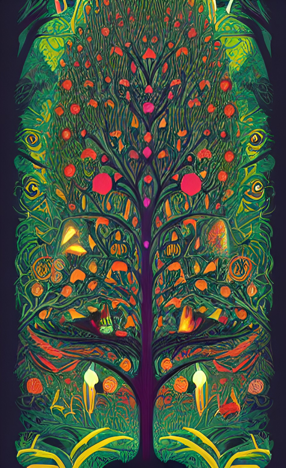 full book illustration: evil mystic fractal tree of life +forrest critters, rubies, glow worms, by malika favre preview