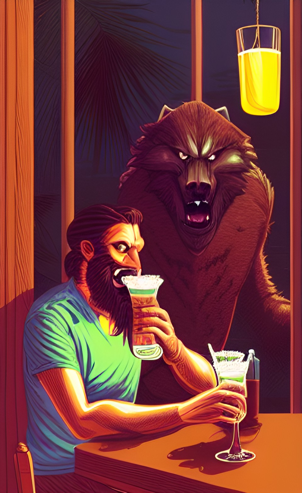 werewolf drinking a piña colada at trader vic's, perfect hair preview