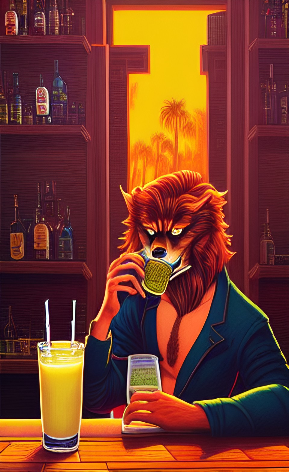 werewolf with perfect hair drinking a piña colada at trader vic's preview