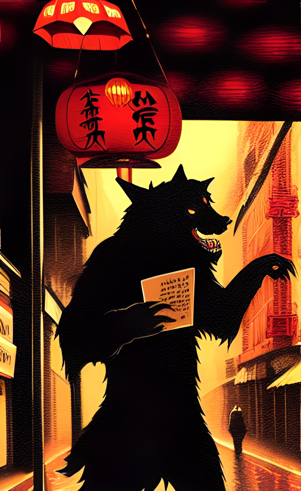 werewolf with a chinese menu in his hand
walking through the streets of soho in the rain preview