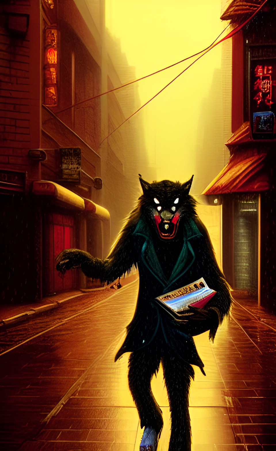 werewolf with a chinese menu in his hand
walking through the streets of soho in the rain preview