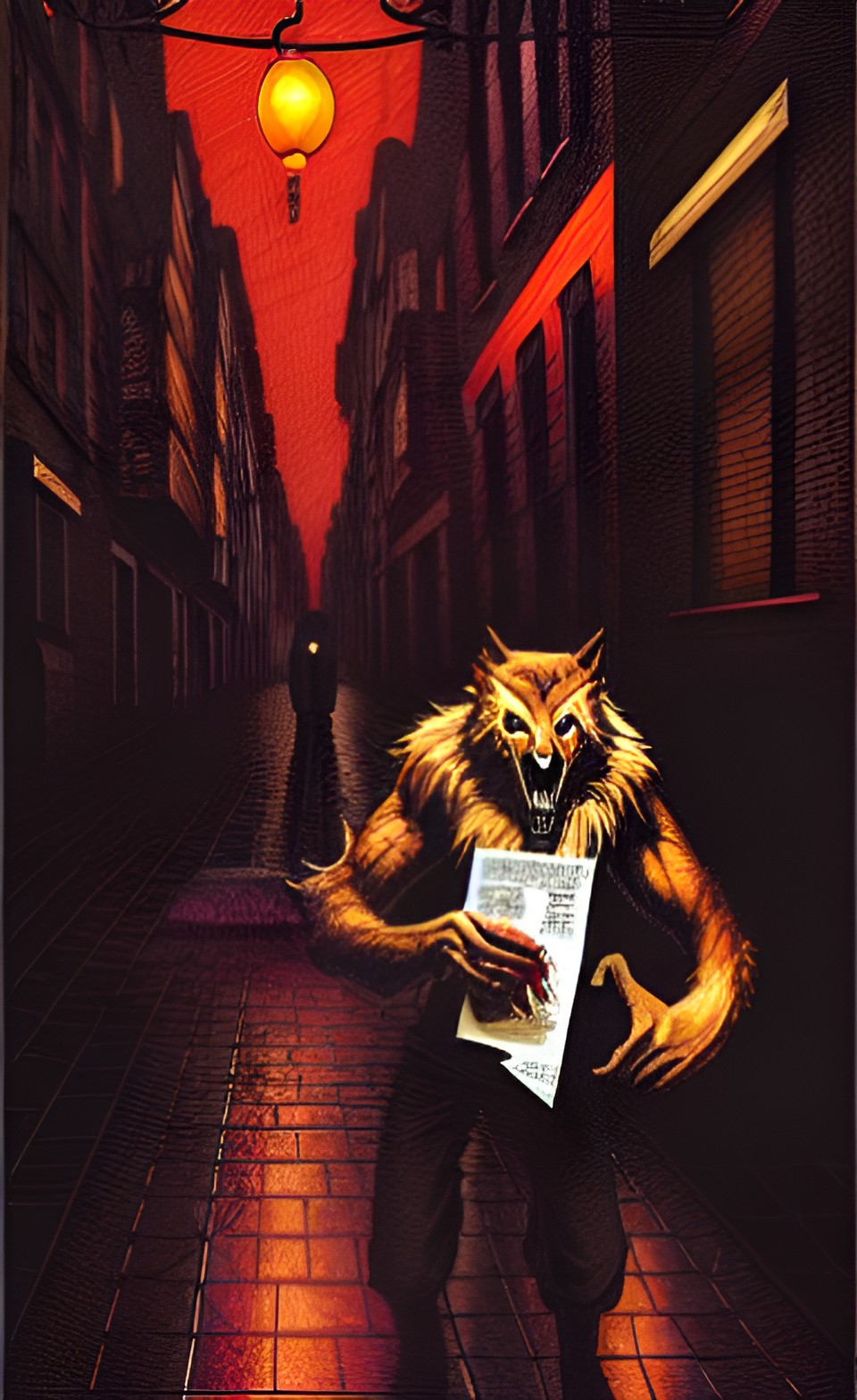 werewolf with a chinese menu in his hand
walking through the streets of soho in the rain preview