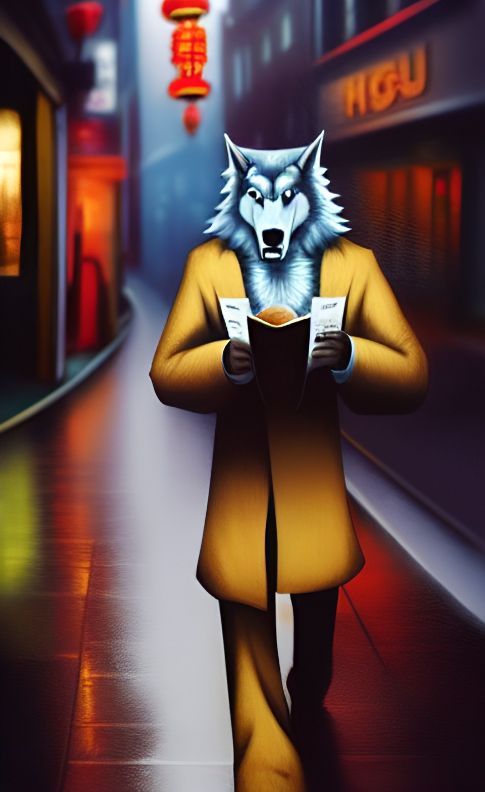 werewolf with a chinese menu in his hand
walking through the streets of soho in the rain preview