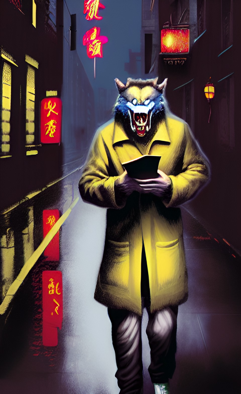 werewolf with a chinese menu in his hand
walking through the streets of soho in the rain preview