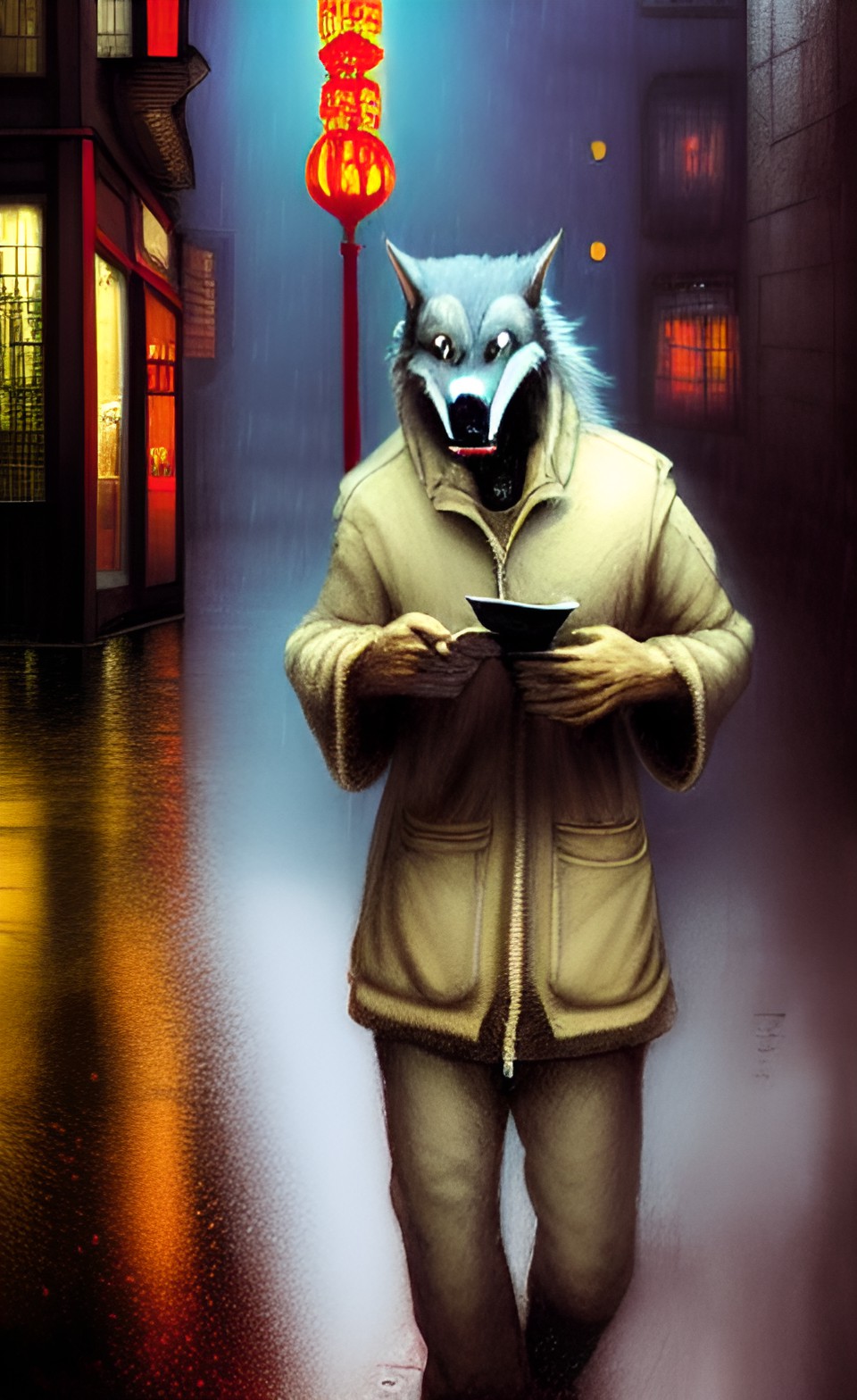 werewolf with a chinese menu in his hand
walking through the streets of soho in the rain preview