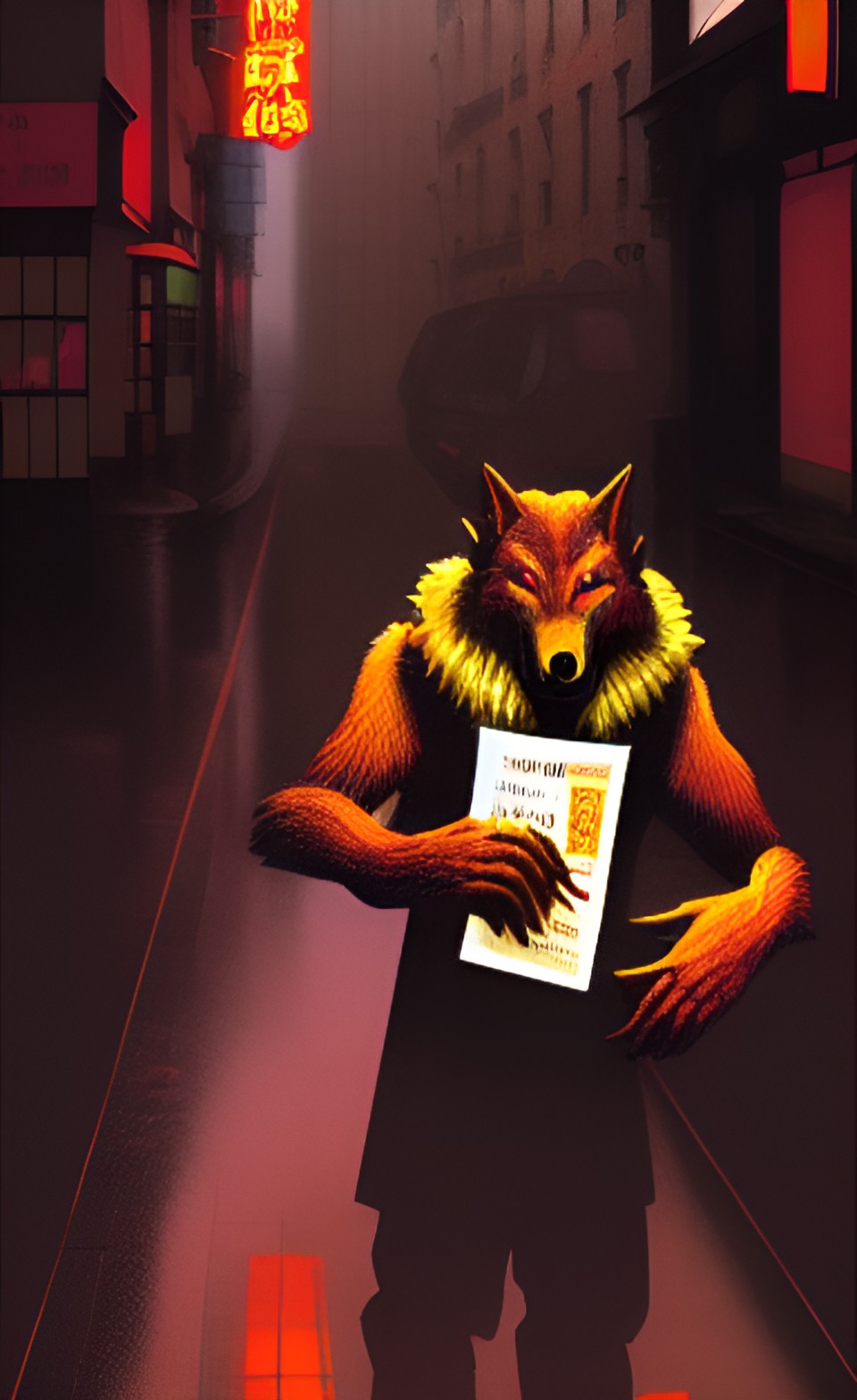 werewolf with a chinese menu in his hand
walking through the streets of soho in the rain preview