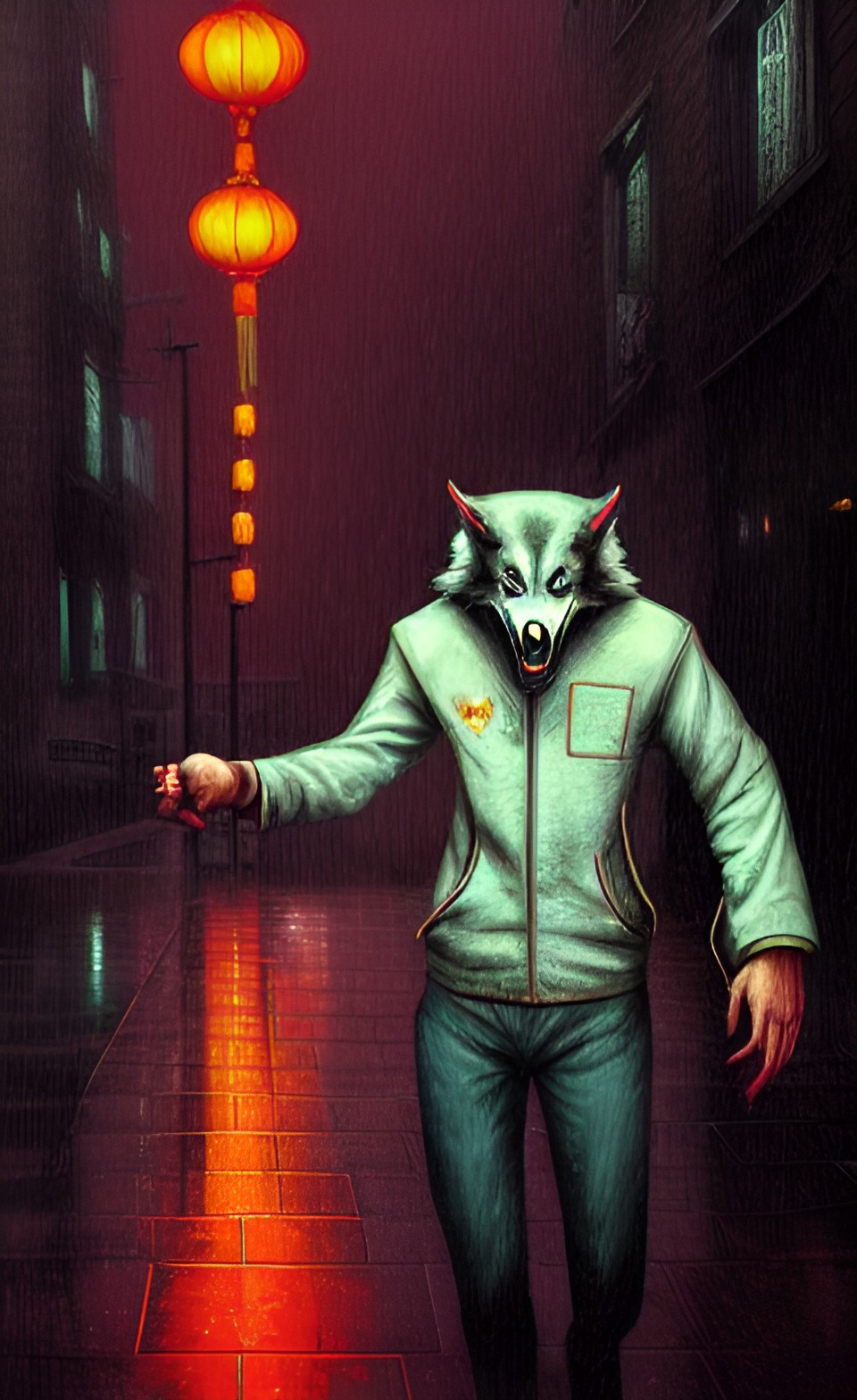 werewolf with a chinese menu in his hand
walking through the streets of soho in the rain preview