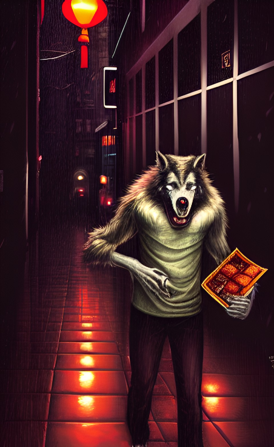 werewolf with a chinese menu in his hand
walking through the streets of soho in the rain preview