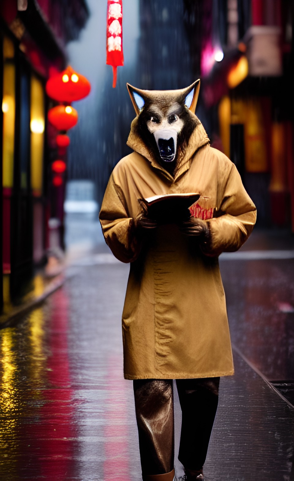 werewolf with a chinese menu in his hand
walking through the streets of soho in the rain preview