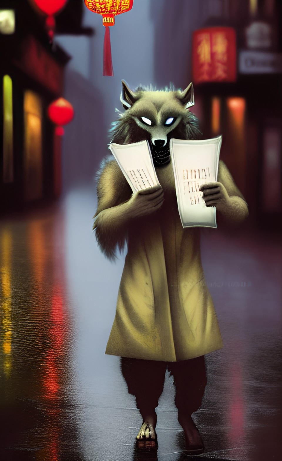 werewolf with a chinese menu in his hand
walking through the streets of soho in the rain preview