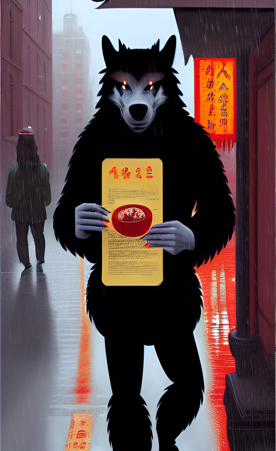 werewolf with a chinese menu in his hand
walking through the streets of soho in the rain preview