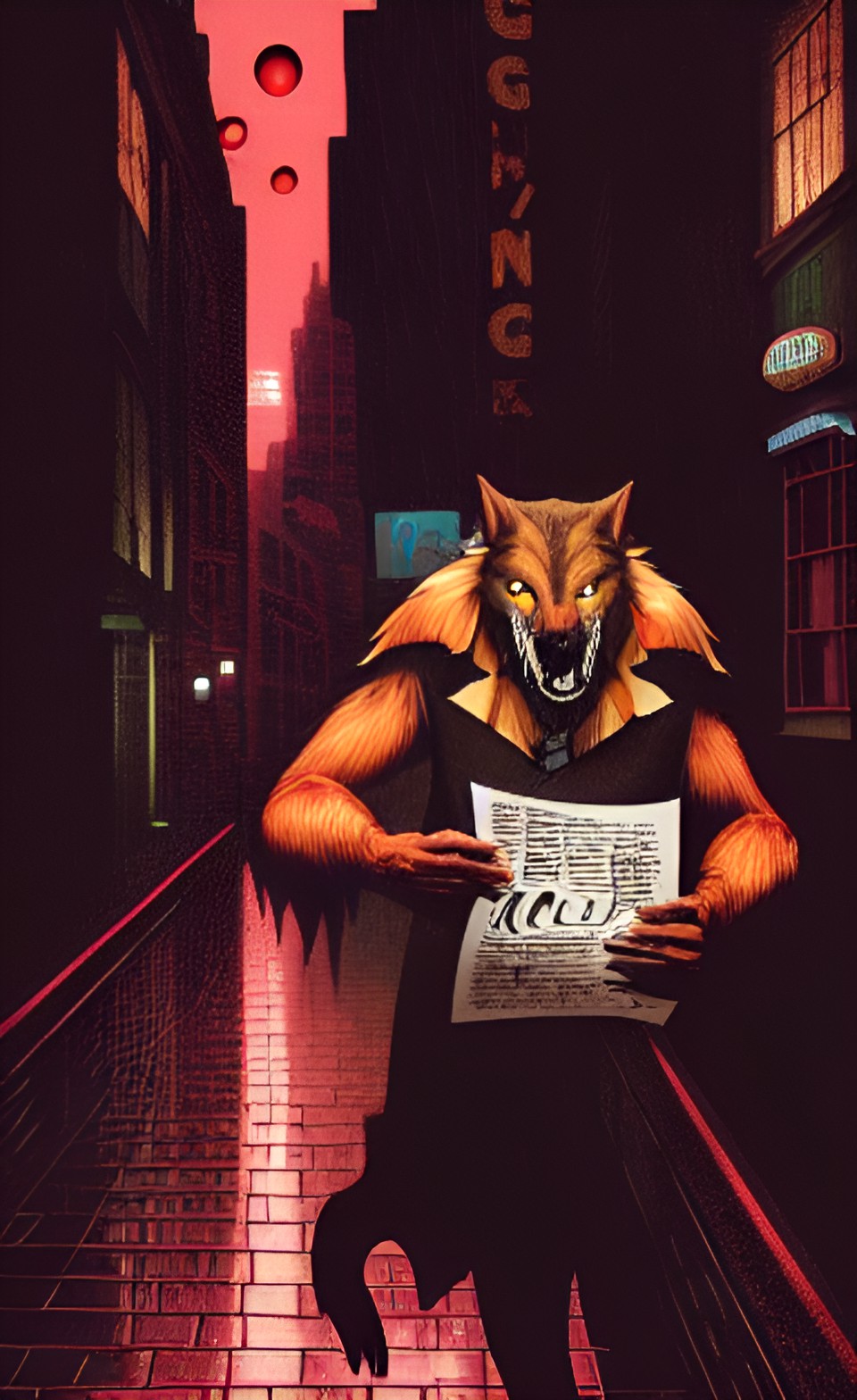 werewolf with a chinese menu in his hand
walking through the streets of soho in the rain preview