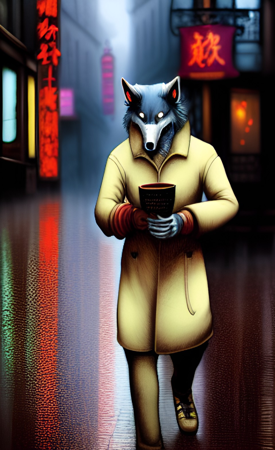 werewolf with a chinese menu in his hand
walking through the streets of soho in the rain preview