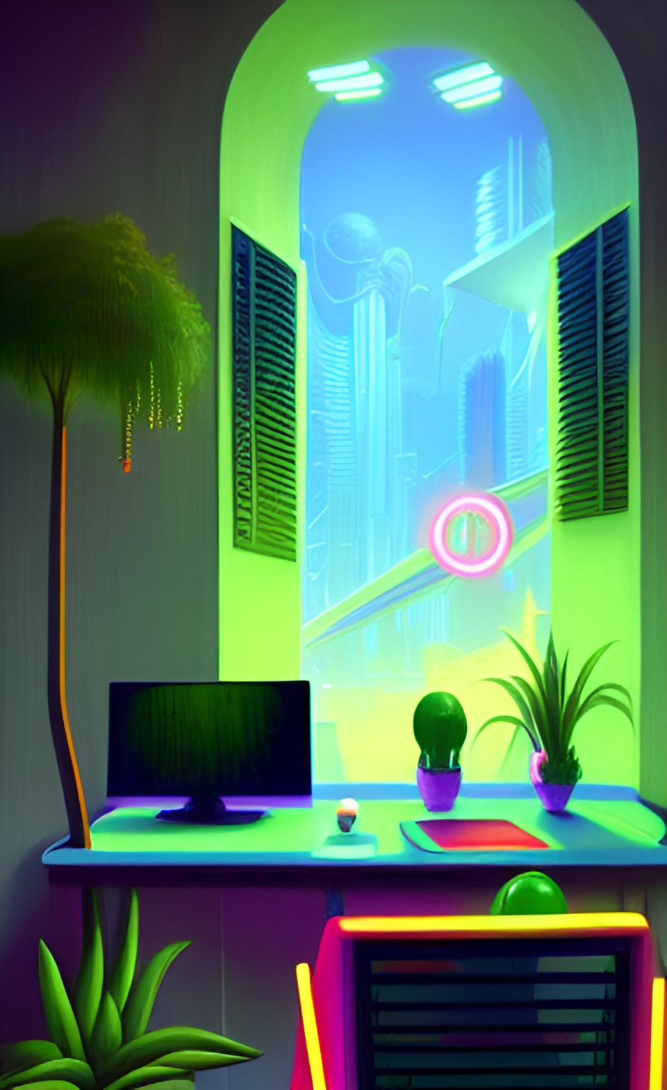 Metaverse workspace - hyper-realistic: a hacker’s personalized bright workspace, with neon leds, plants and some tall trees, in the metaverse preview