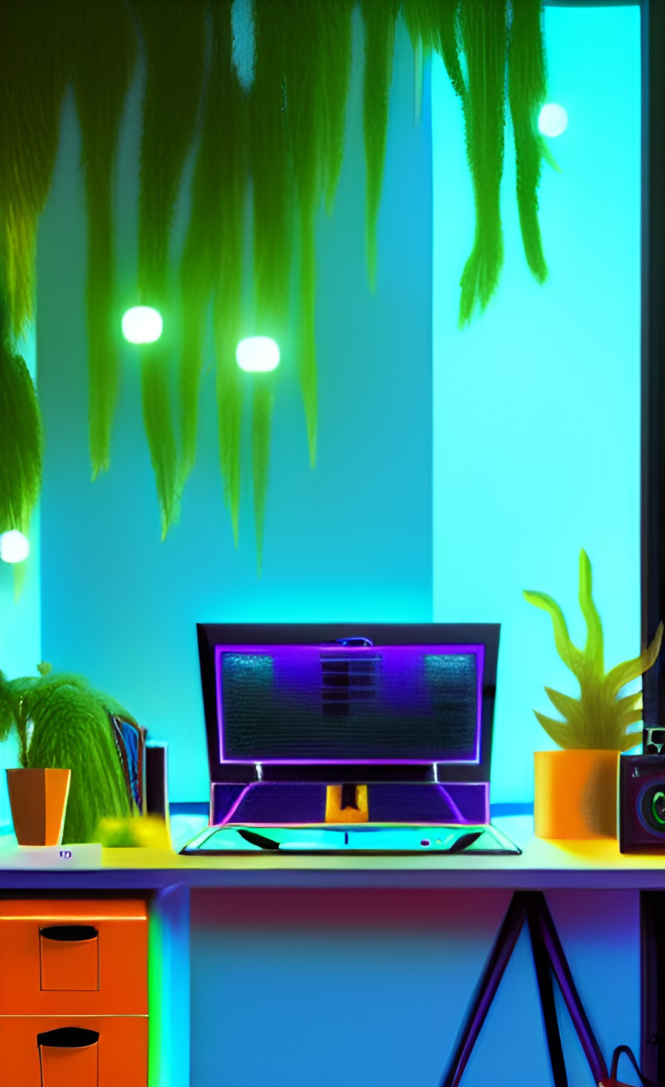 hyper-realistic: a sunny metaverse audio studio workspace resembling a synth rack, with neon leds, plants, some tree preview