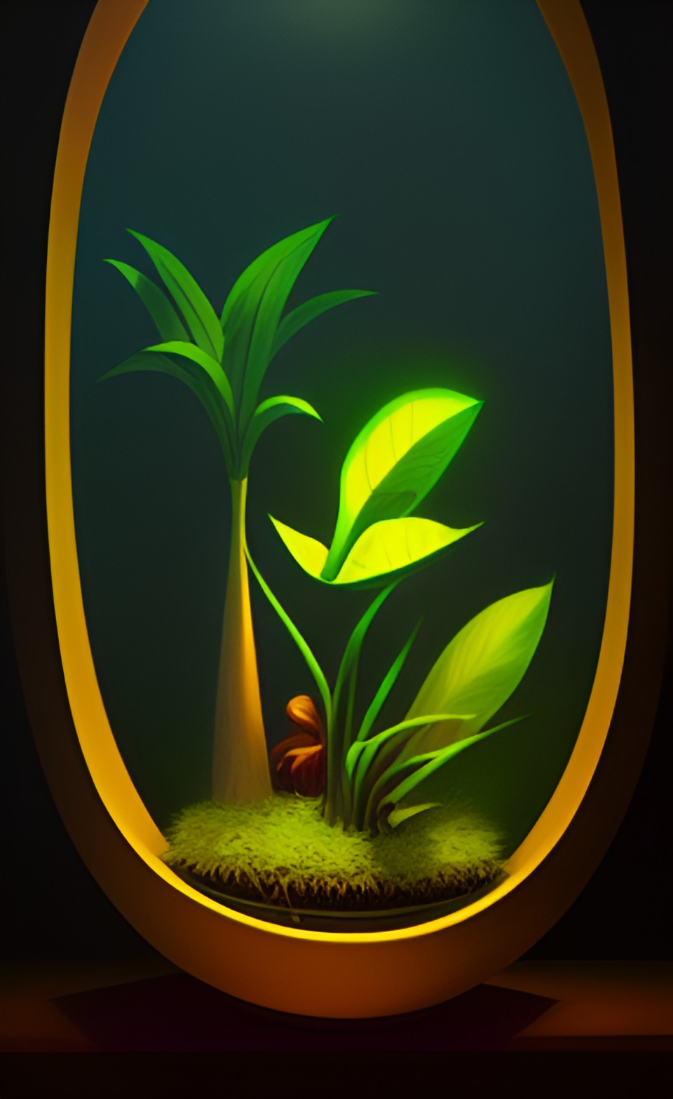 Flora - plants terrarium under a spotlight in a dark room, snakelike aloë vera leaves, |backlight preview