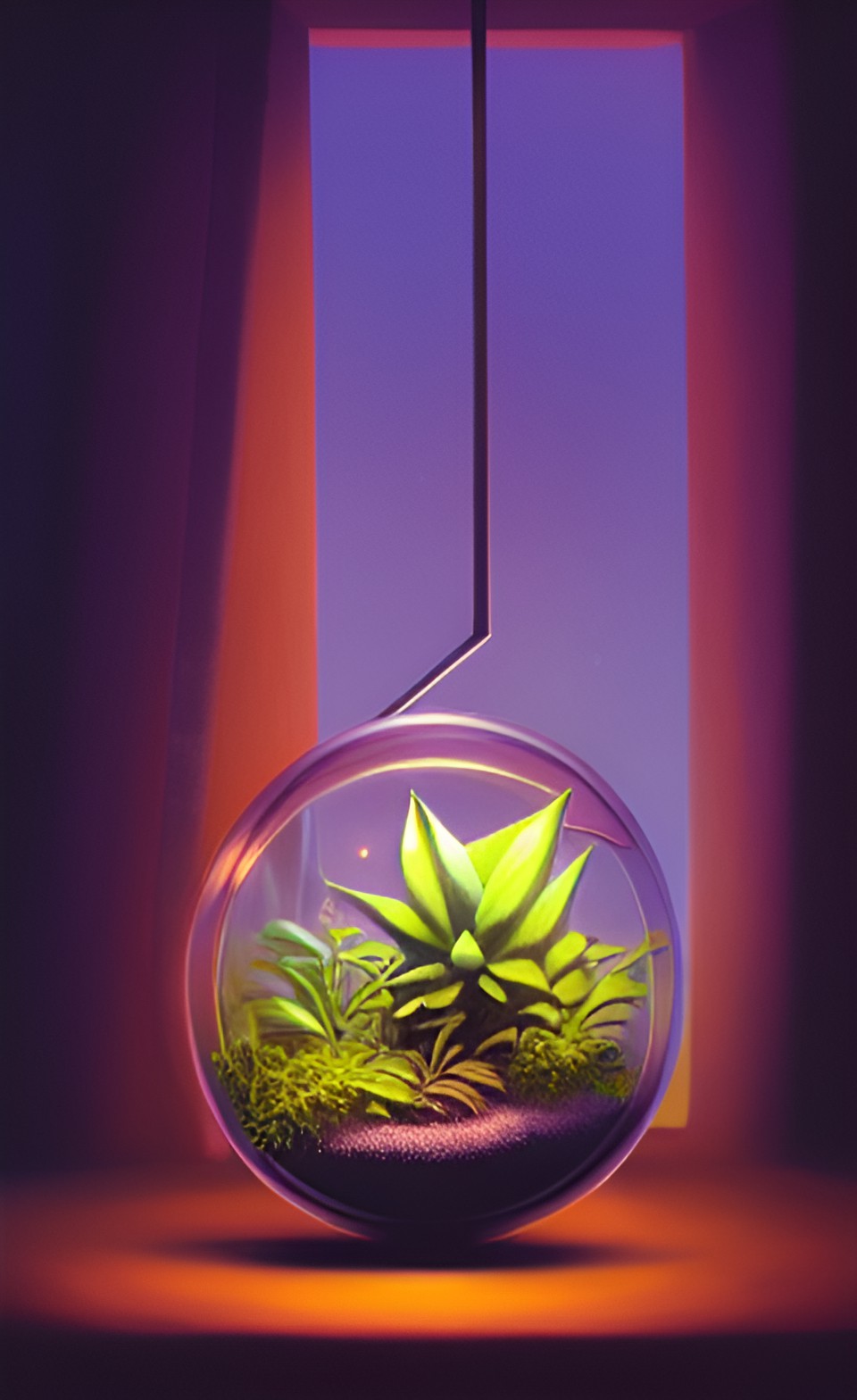 plants terrarium under a spotlight in a dark room, snakelike aloë vera leaves, |backlight, accent light tone mapping hdr preview