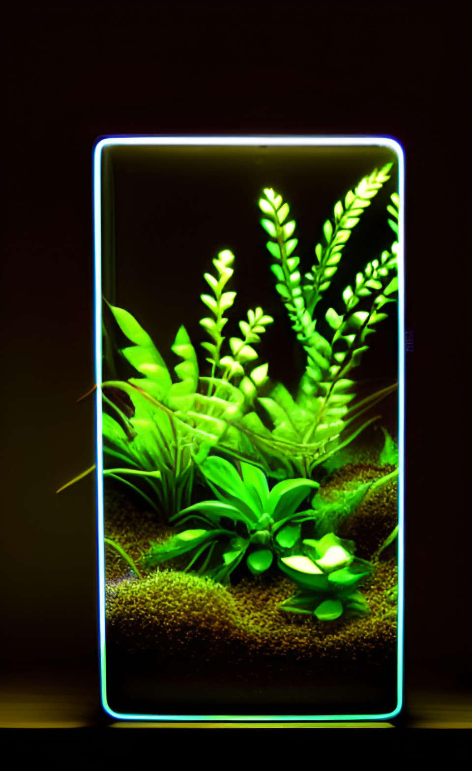 neon-lit araflora terrarium in a dark room, moving aloë vera leaves, |backlight, accent light tone mapping hdr preview