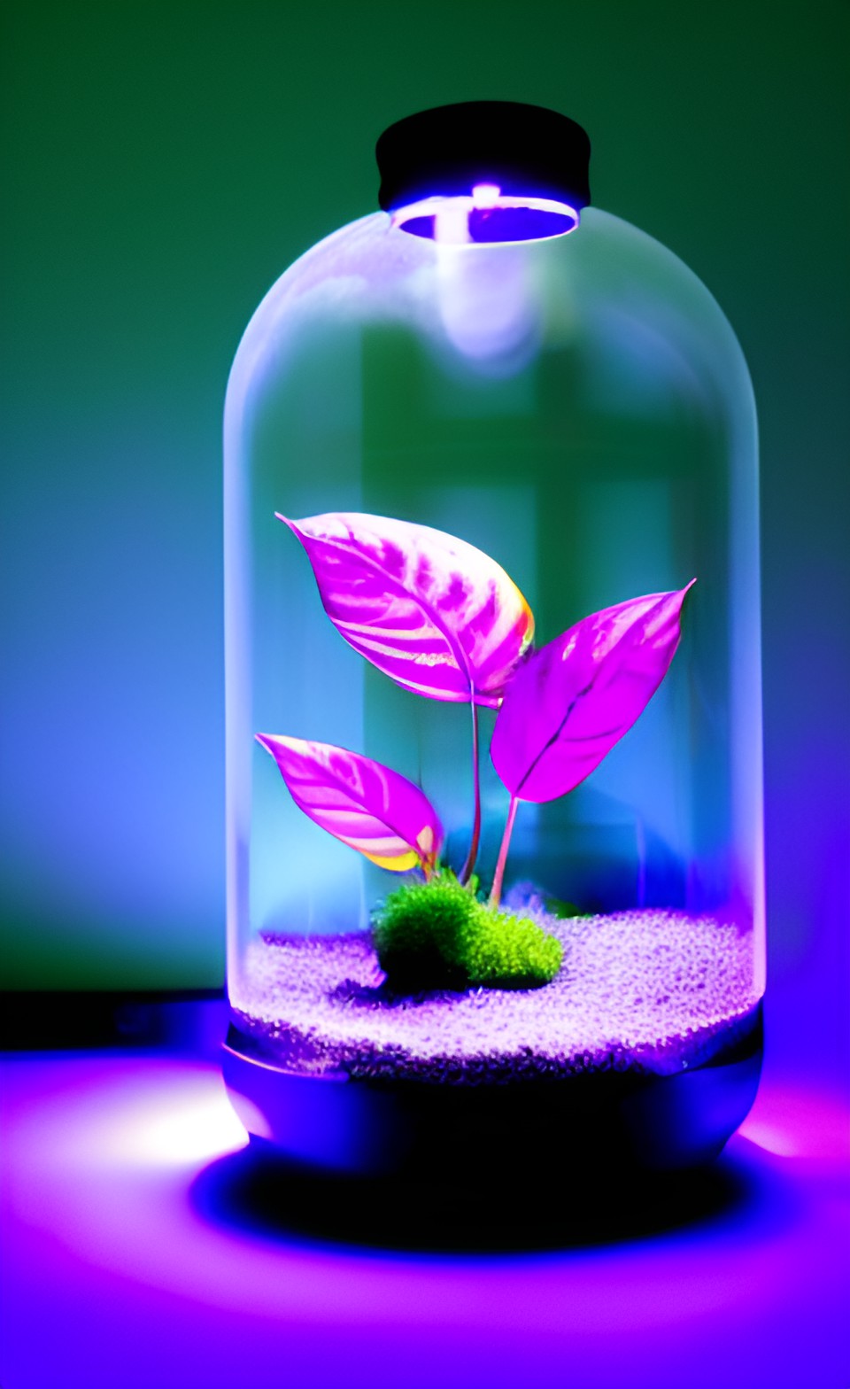 future city terrarium in a bell jar, under a blacklight in a dark room, round window, snakelike moving leaves |backlight preview