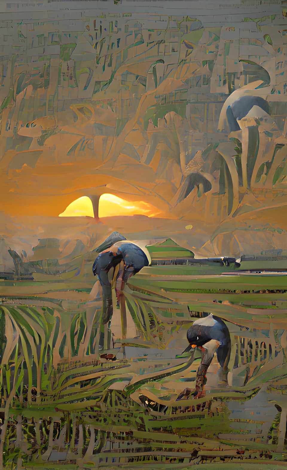 stylized rising sun illuminates wizards planting rice in the paddy preview