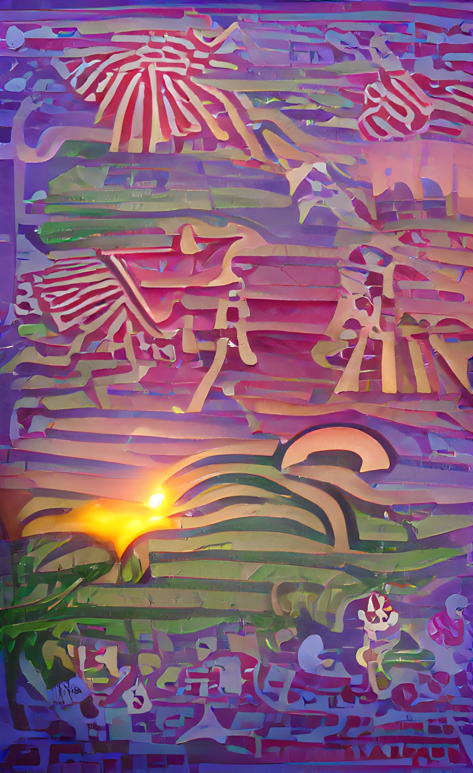 stylized rising sun illuminates wizards planting rice in the paddy preview