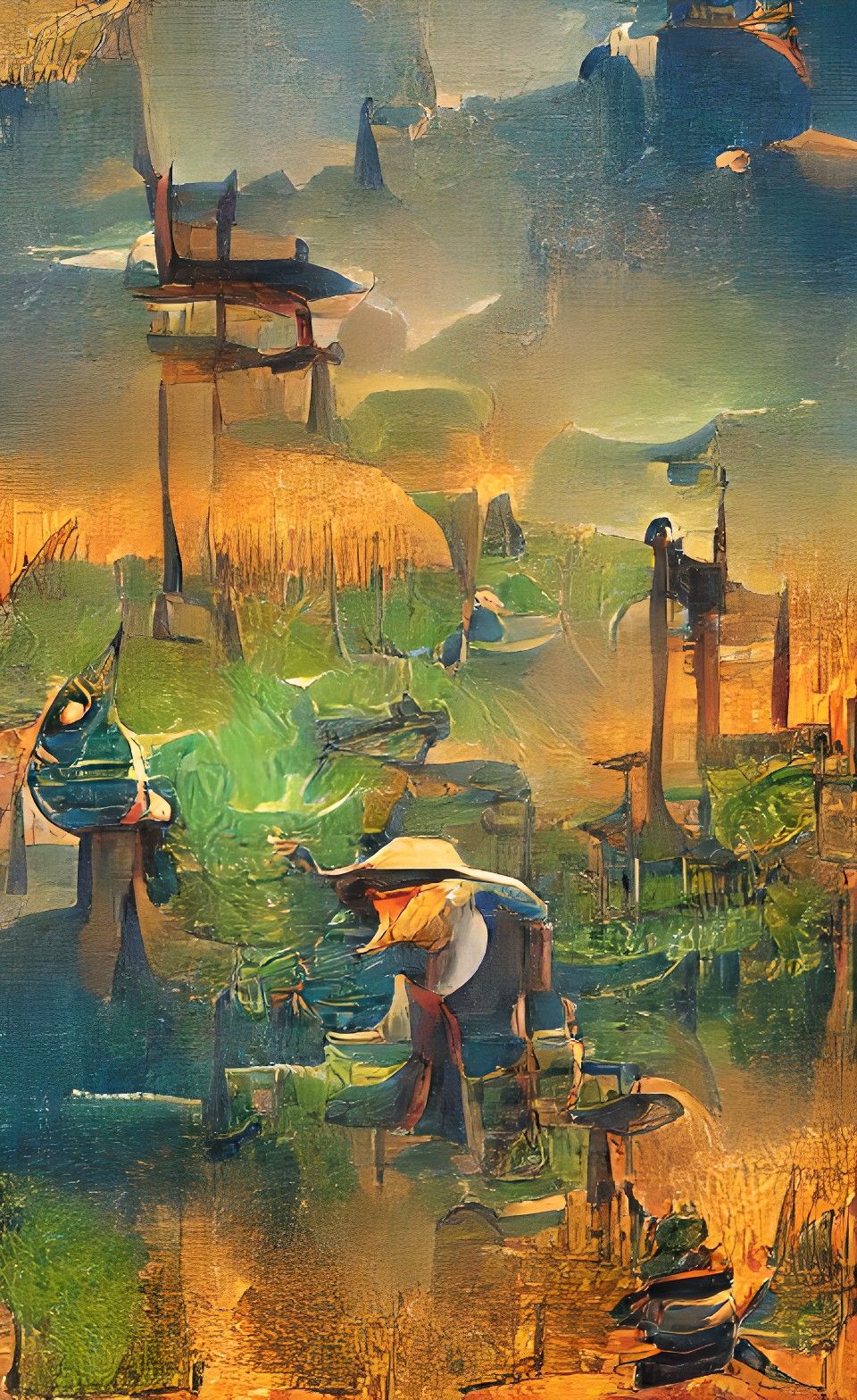 stylized rising sun illuminates wizards planting rice in the paddy preview