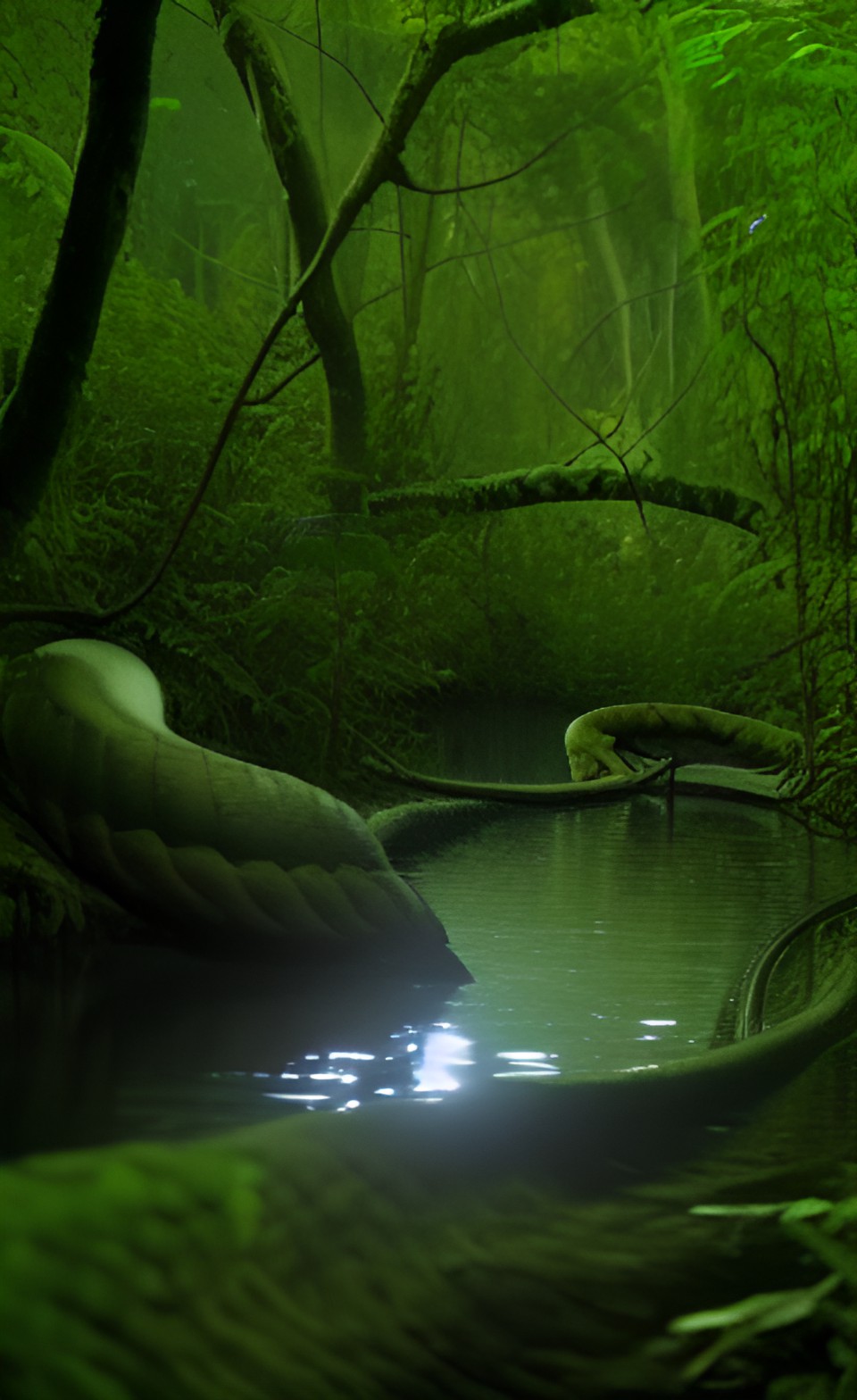 a river snakes back through primeval forest, winding snake-like to reach a full moon preview