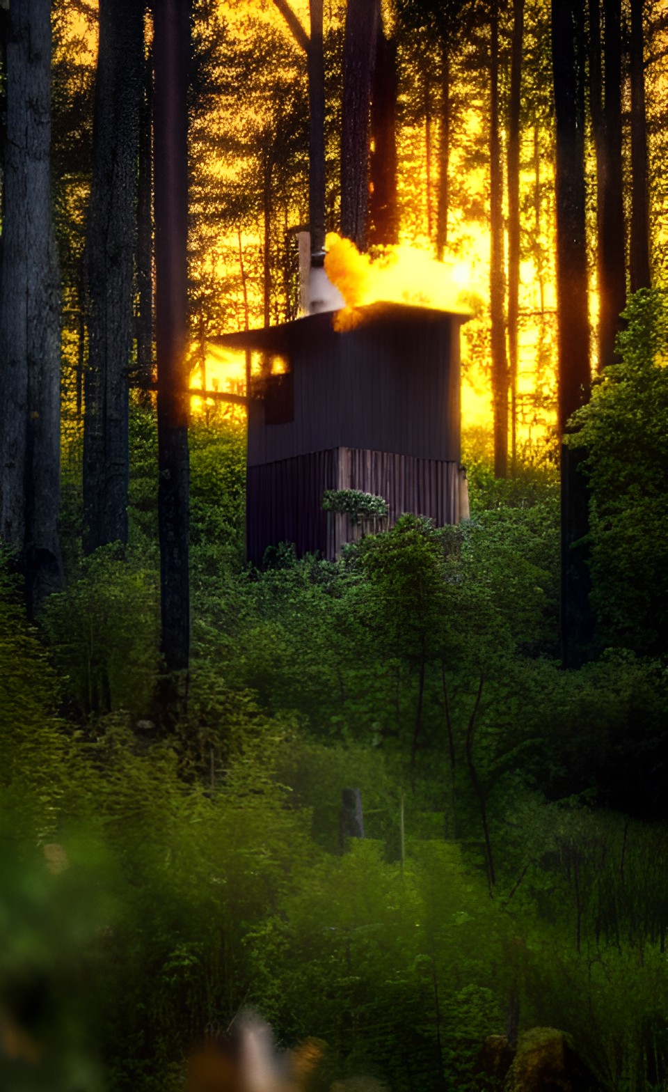 in a forest at twilight, a hut with a smoking chimney perched on giant chicken legs preview