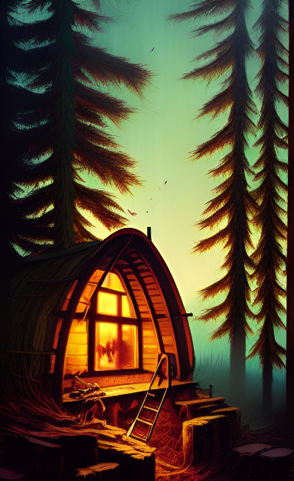 in a forest at twilight, a hut with a smoking chimney perched on giant chicken legs preview