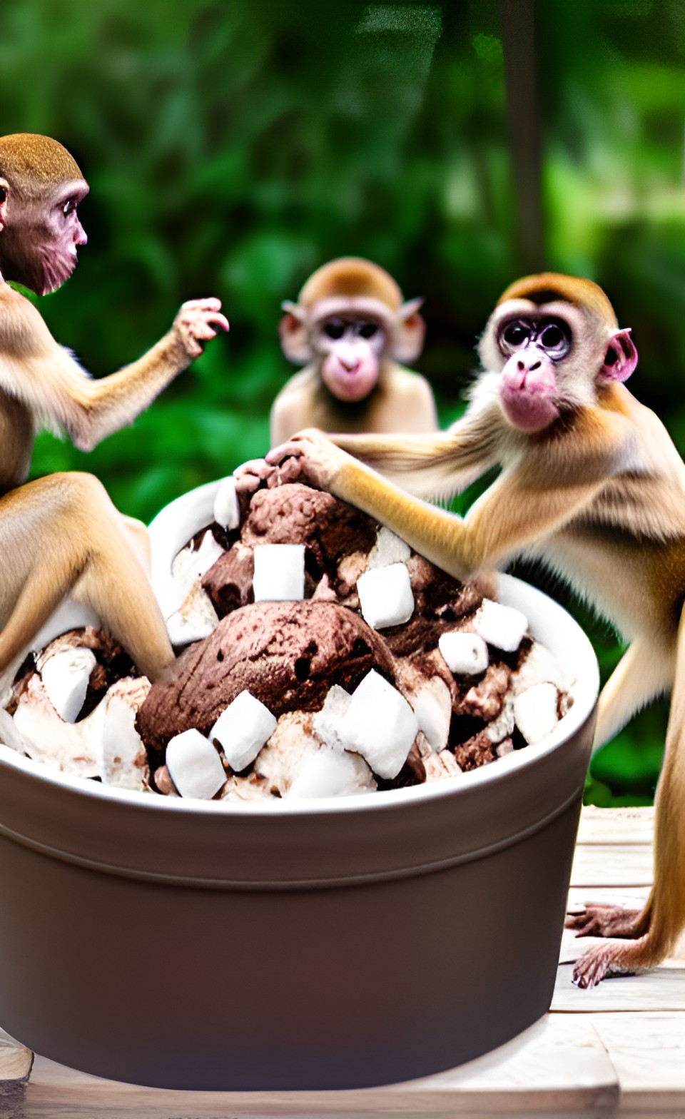 giant rocky road ice cream colonized by tiny monkeys preview