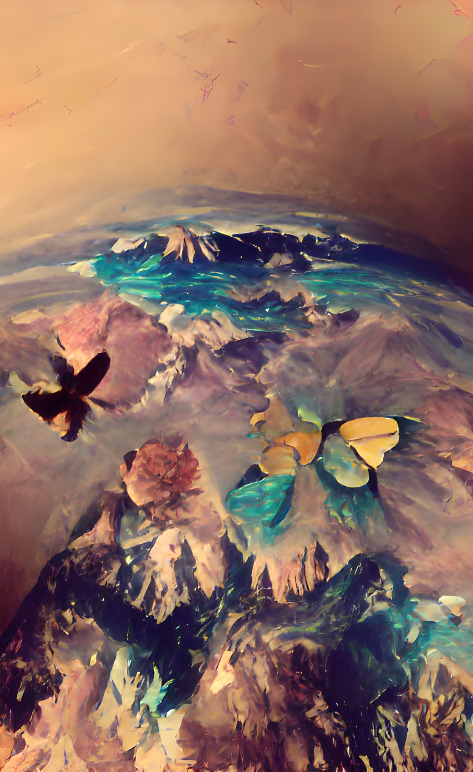 planets with oceans with islands with mountains with trees with flowers with butterflies with wings preview