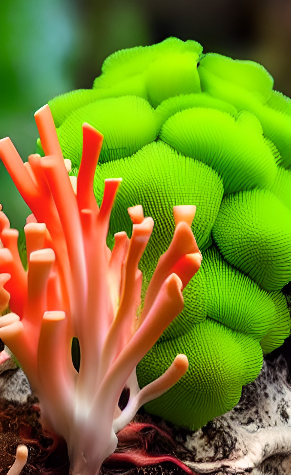 coral mushroom with ripe fruit and colorful flowers growing on it preview