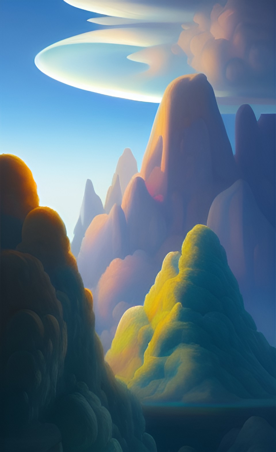 translucent mountains, opalescent sky, pearl clouds,  gemstone trees preview