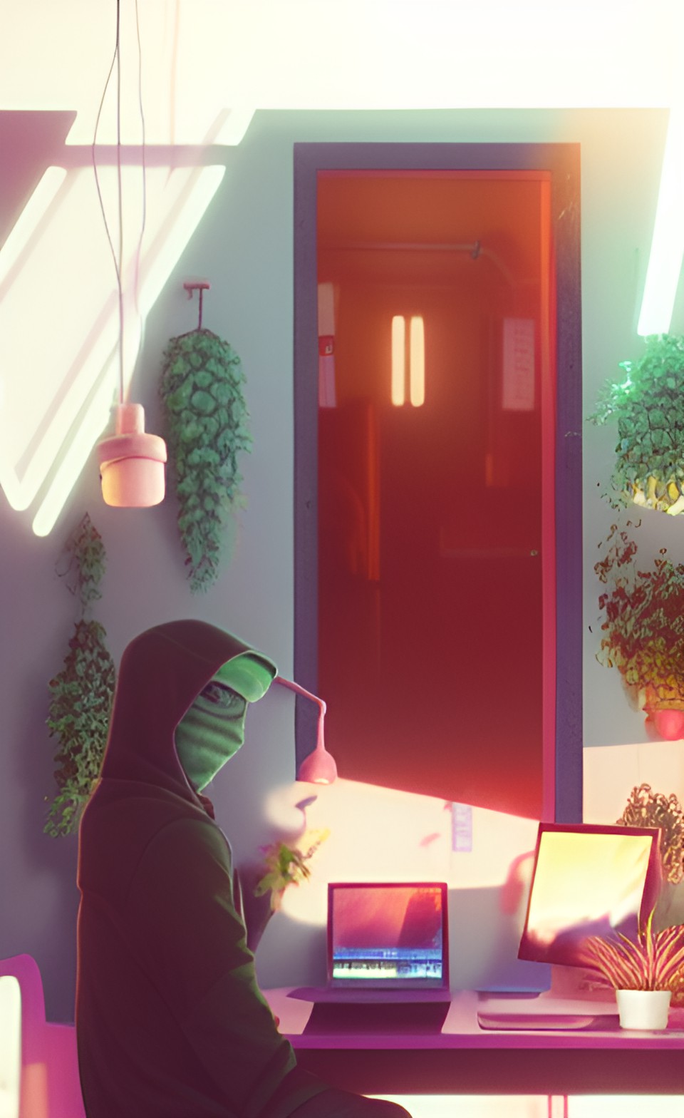 hyper-realistic: a hacker's personalized bright workspace, with plants and some trees, in the metaverse preview