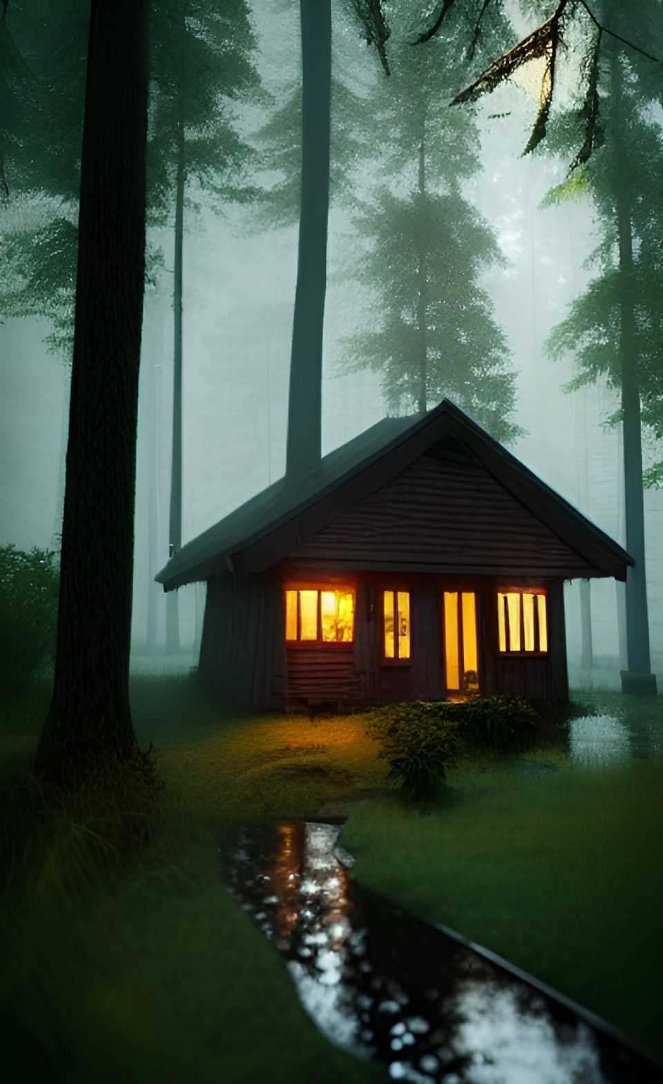 aesthetic cottage in the rain in a forest preview