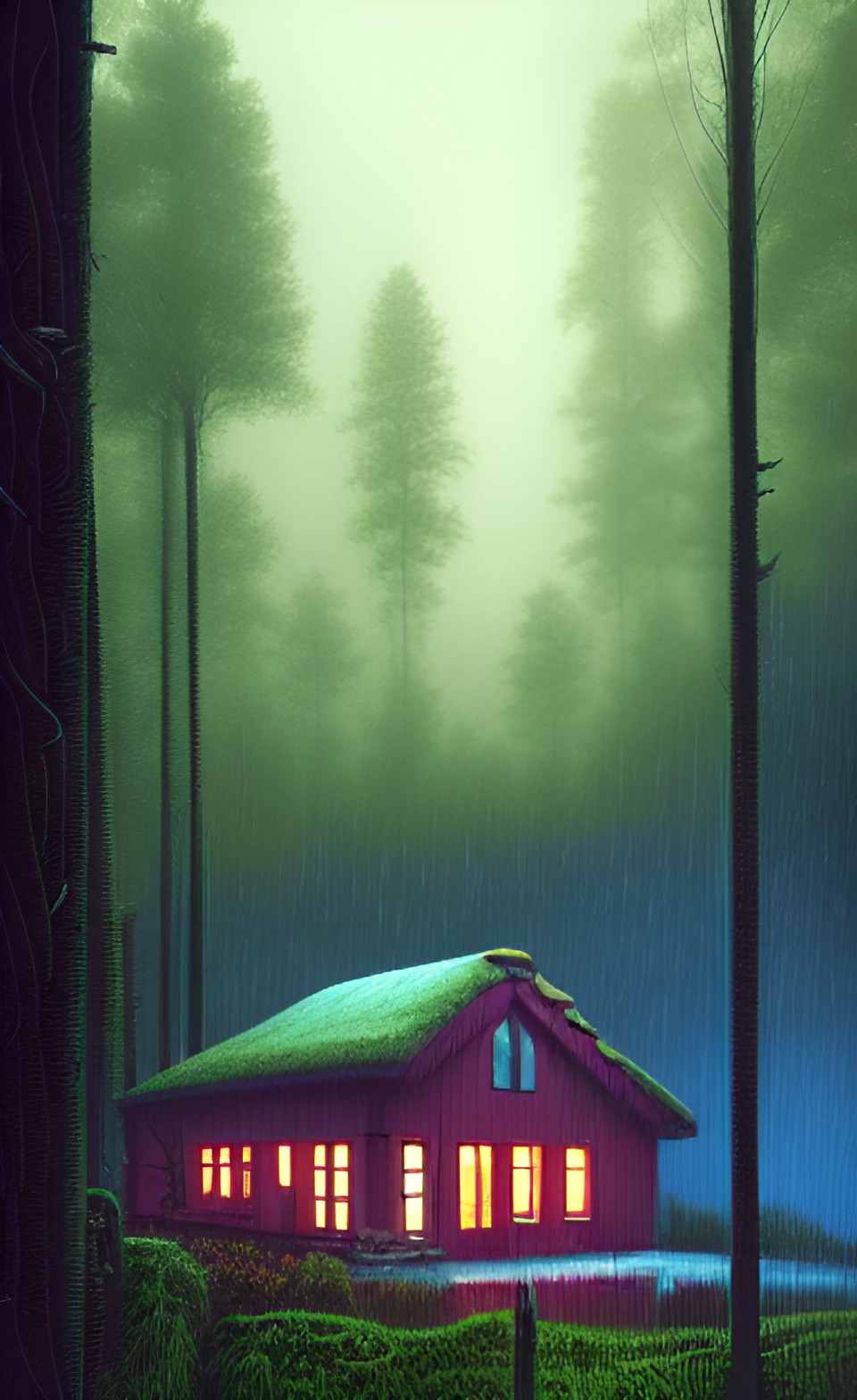 aesthetic cottage in the rain in a forest preview