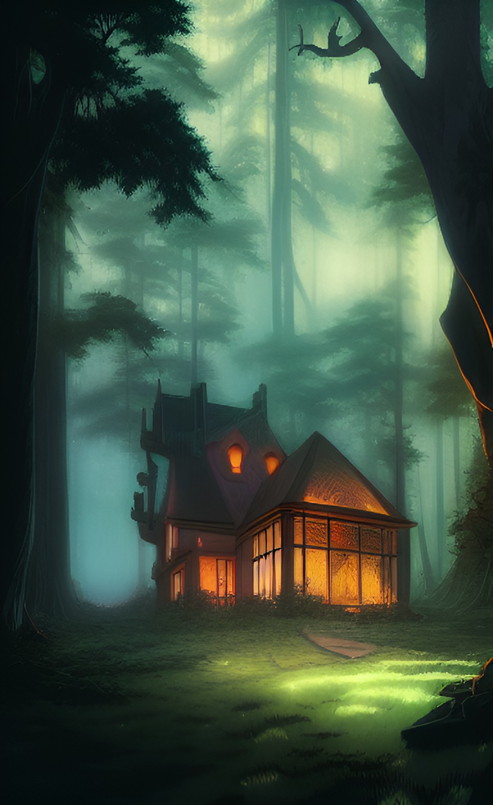 mansion in a forest clearing, ambient lighting,anime style background,foliage, preview