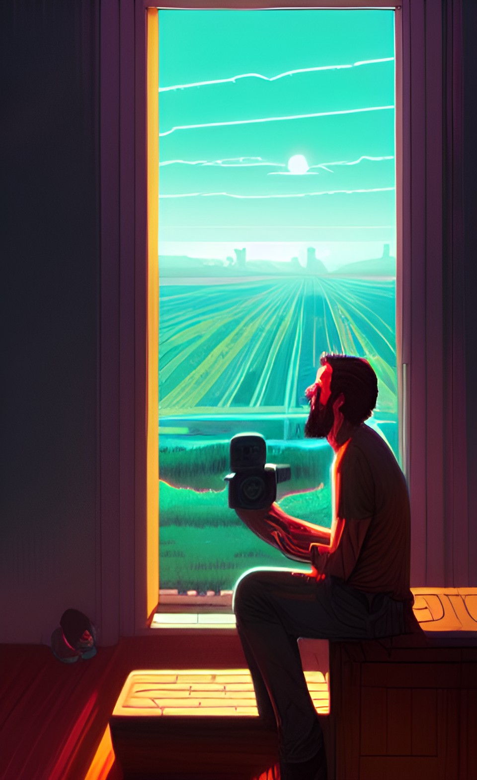 man stares vacantly at television tuned to a dead chann preview