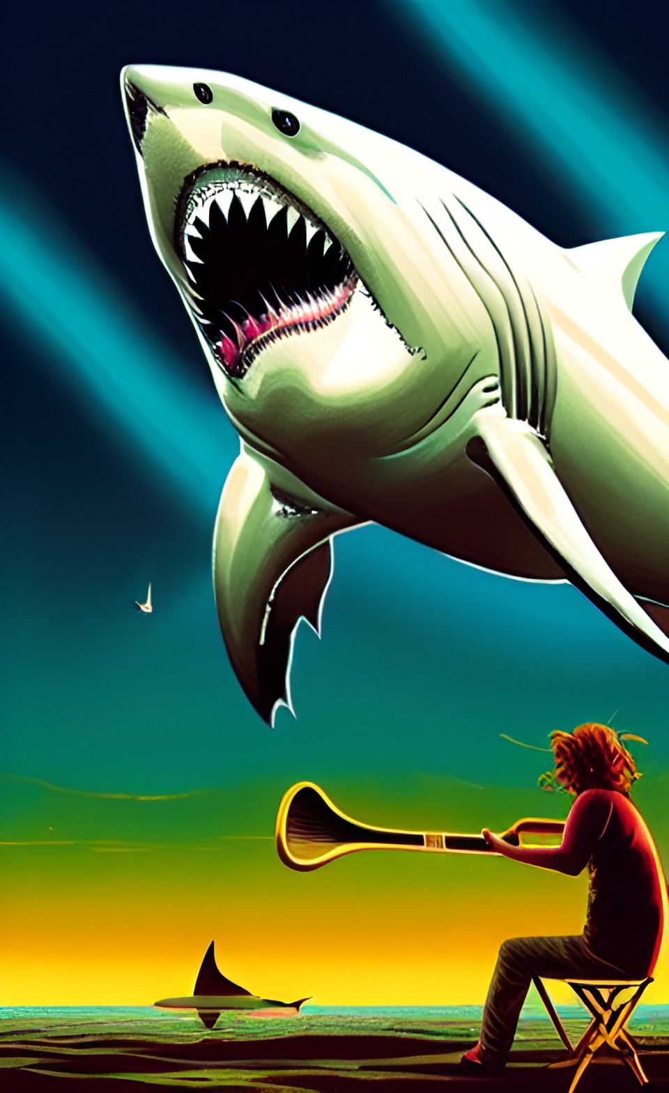 a great white shark playing a harp. preview