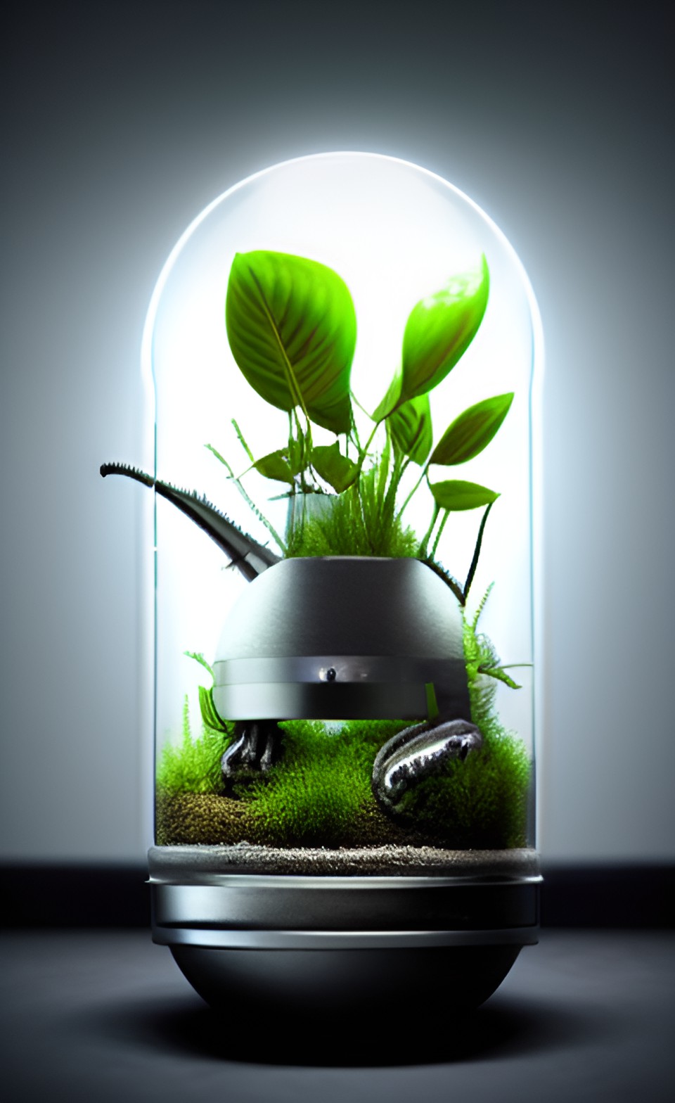 alien plants terrarium in a bell jar, under a spotlight in  a mysterious alien environment, snakelike moving leaves, highlights,backlight, silver accent light preview