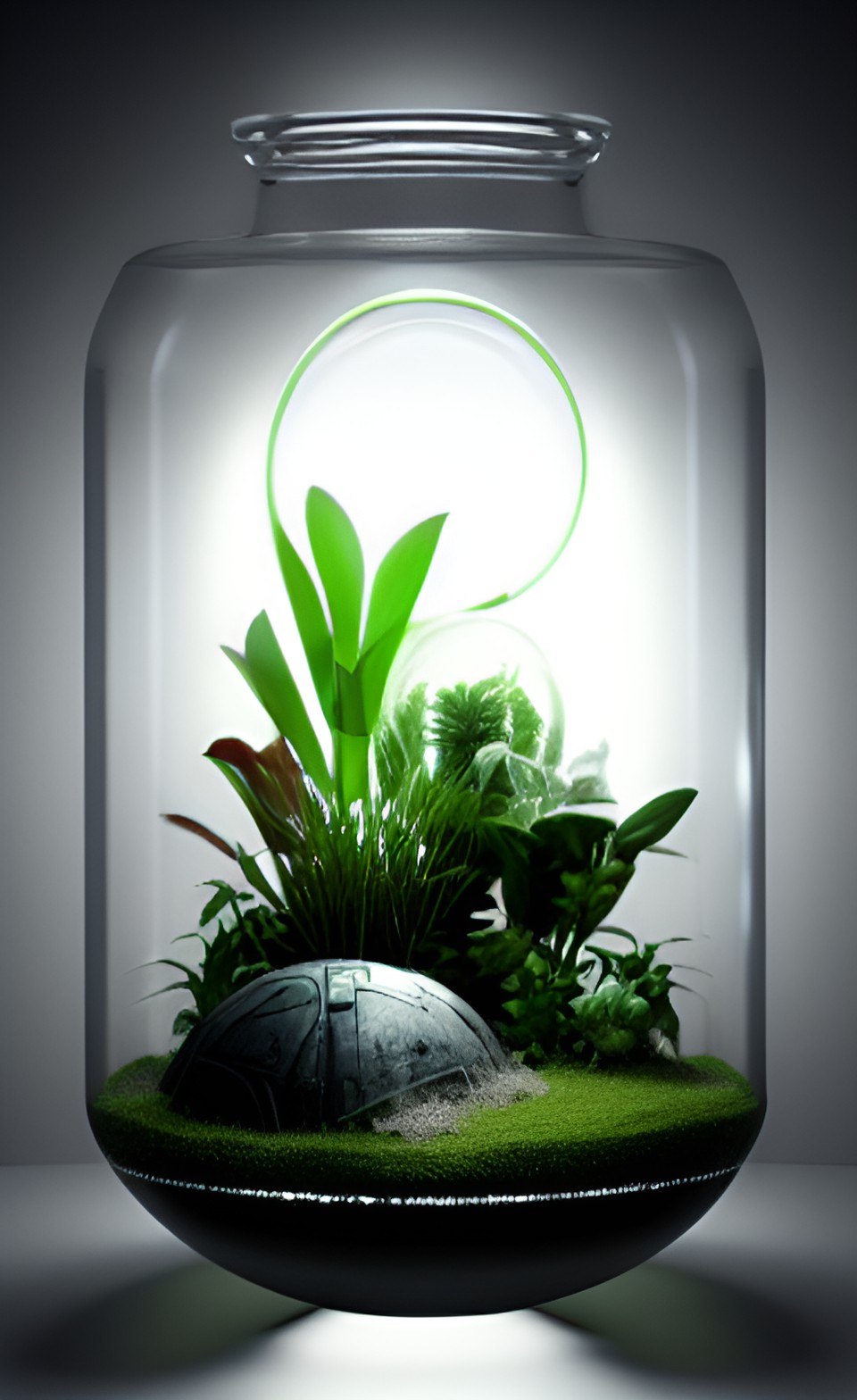 starwars plants terrarium in a bell jar, under a spotlight in  a mysterious alien environment, snakelike moving leaves, highlights,backlight, silver accent light preview