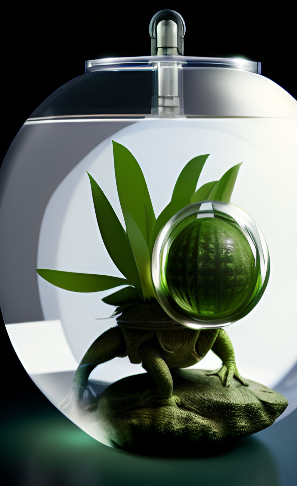 starwars spherical alien reptile and plants terrarium in a bell jar, under a spotlight in  a mysterious alien environment, snakelike moving leaves, highlights,backlight, silver accent light preview