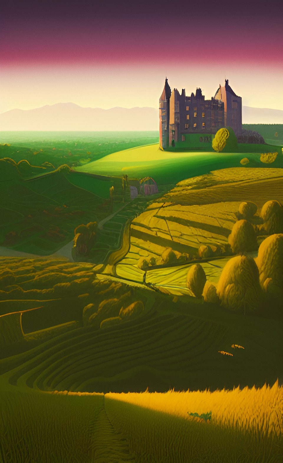 landscape of green fields and a castle preview