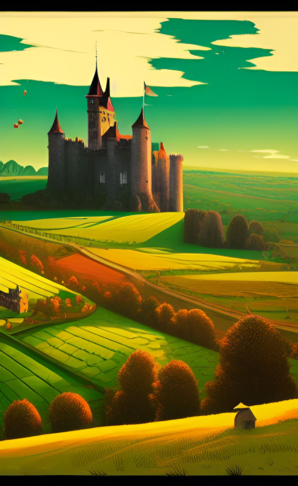 landscape of green fields and a castle,high resolution,￼ preview