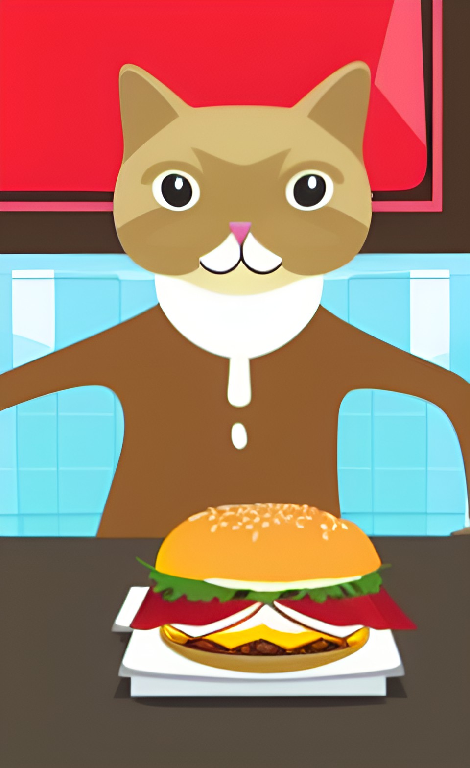 anthropomorphic cat enjoying a cheeseburger in a diner preview