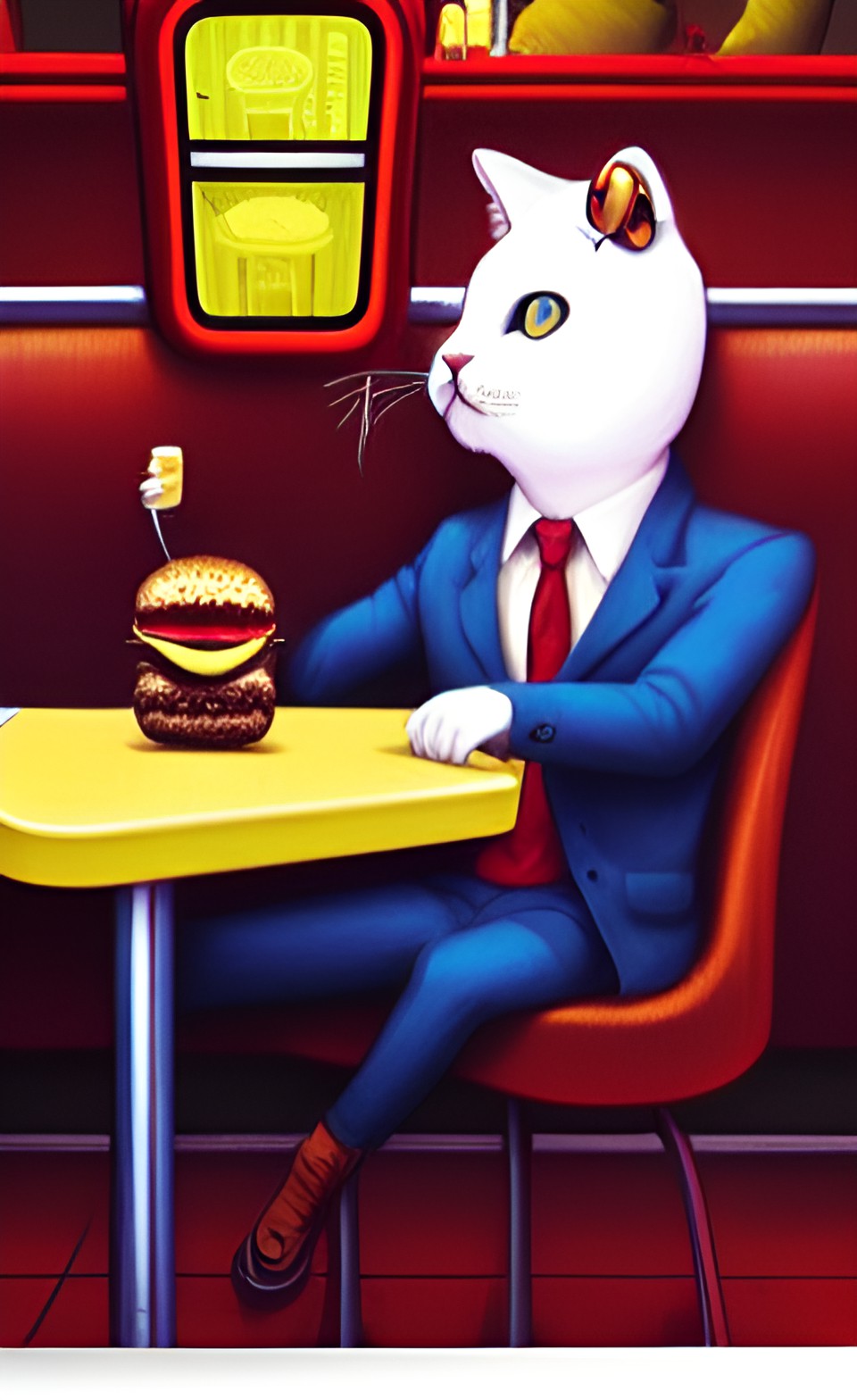 anthropomorphic cat in a suit enjoying a cheeseburger in a diner preview