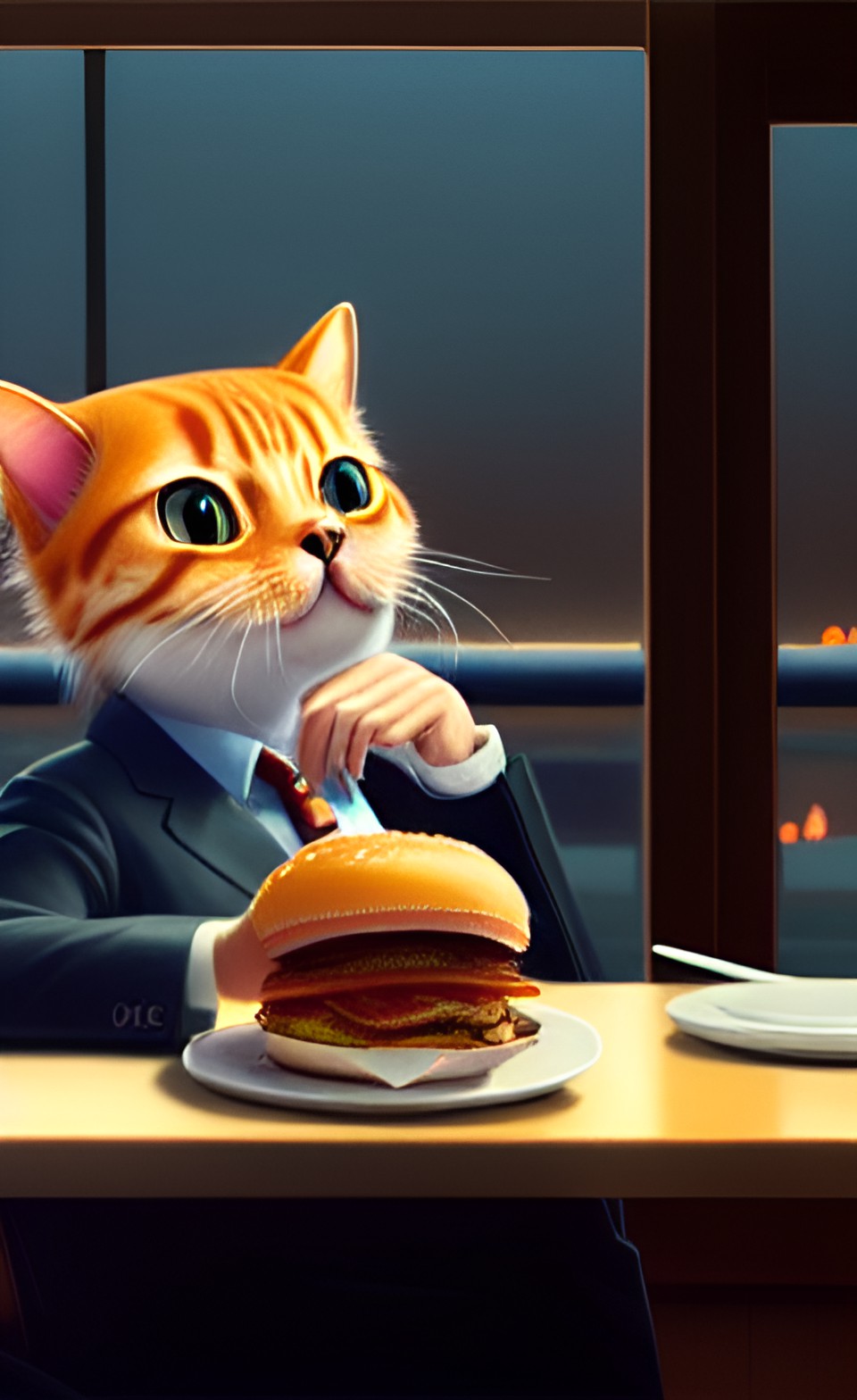 anthropomorphic cat in a suit enjoying a cheeseburger in a diner preview